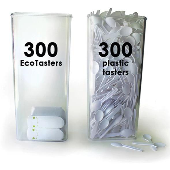 A comparison of 300 plastic spoons to 300 Ecotaster utensils show that eco friendly utensils use less space!